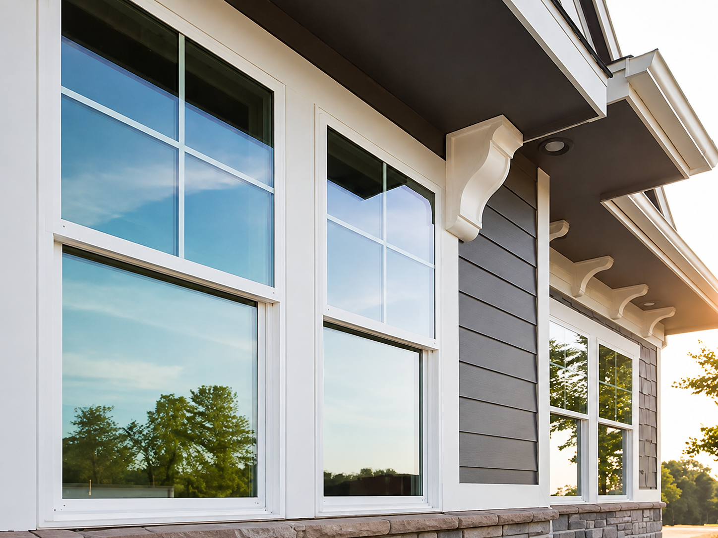 Exterior view of white frame double hung windows on a Florida home