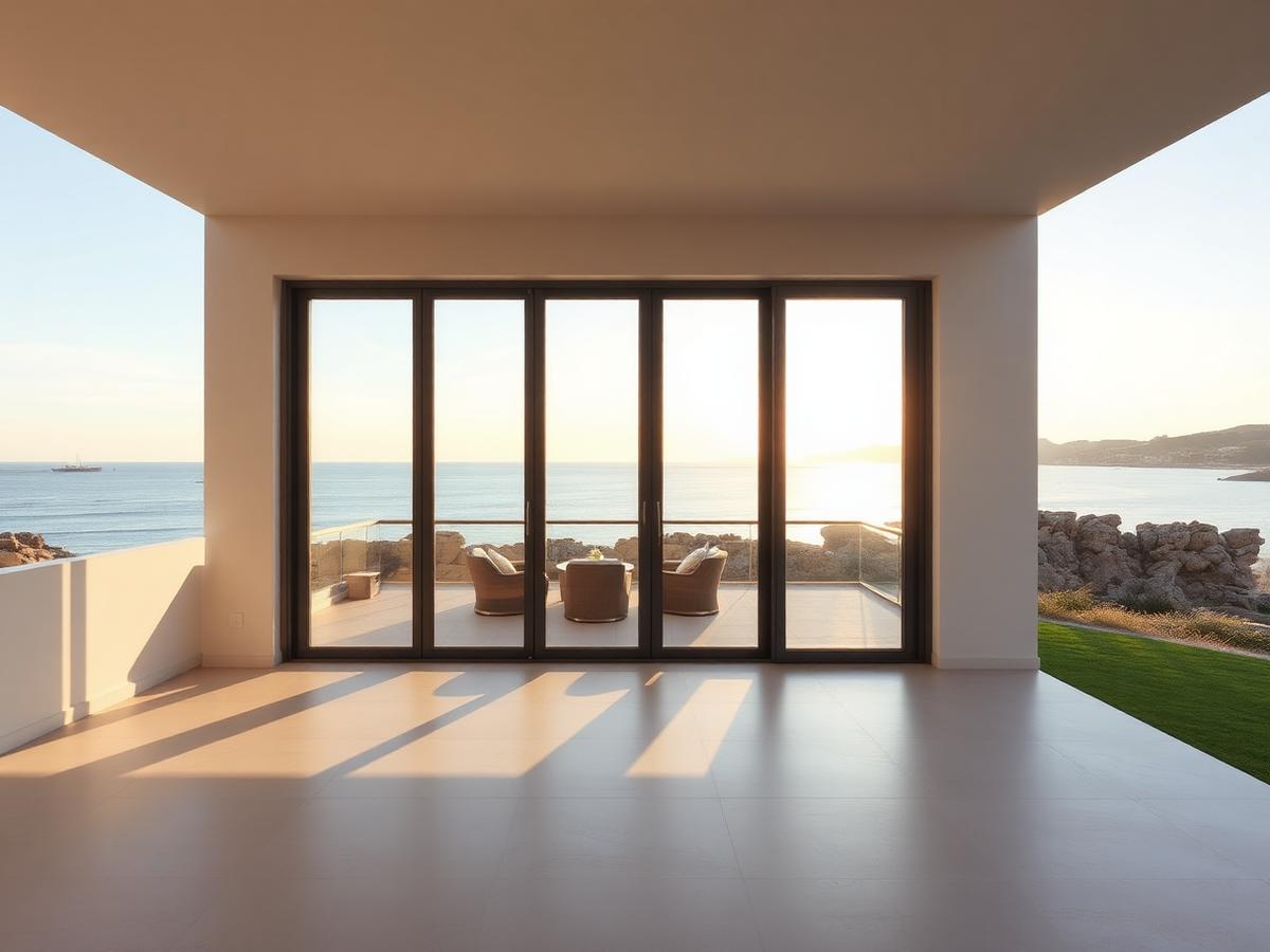 Modern Florida coastal living room with large impact glass doors opening to the bay